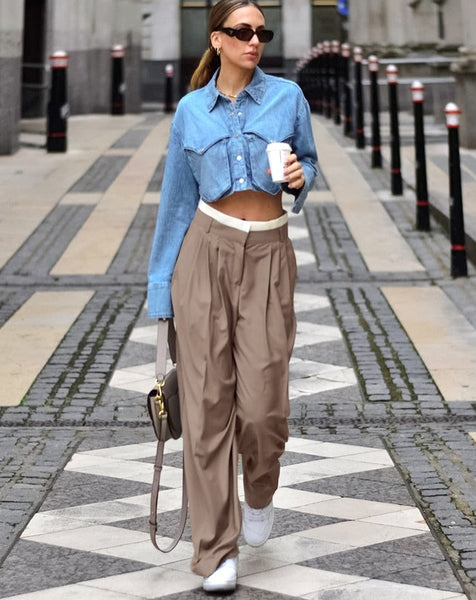 Wjczt Fashion Brown Women Baggy Pants Patchwork Low Waist Loose Fit Tr