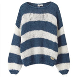 Wjczt   Y2k Crochet Knit Stripe Jumper Women White and Blue Sweater Loose O Neck Long Sleeve Pullover Tops 2024 Autumn Winter Streetwear Sweaters