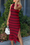 Wjczt Slit Striped Round Neck Sleeveless Midi Dress