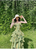 Wjczt Gift New Year's Eve Dress Irregular Ruffled Suspender Prom Dress Green Long Birthday Dress Christmas Thanksgiving Gift New Year's Eve Dress1628-back to school dress nye outfits 2025