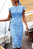 Wjczt  Elegant Solid Lace Hollowed Out O Neck Pencil Skirt Dresses