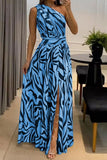 Wjczt  Sexy Casual Print Patchwork Backless Slit Oblique Collar Long Dress