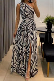 Wjczt  Sexy Casual Print Patchwork Backless Slit Oblique Collar Long Dress