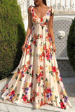Wjczt  Elegant Floral Backless V Neck Printed Dress Dresses(3 Colors)