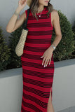 Wjczt Slit Striped Round Neck Sleeveless Midi Dress