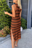 Wjczt Slit Striped Round Neck Sleeveless Midi Dress