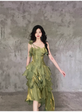 Wjczt Gift New Year's Eve Dress Irregular Ruffled Suspender Prom Dress Green Long Birthday Dress Christmas Thanksgiving Gift New Year's Eve Dress1628-back to school dress nye outfits 2025