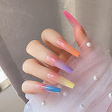 Wjczt - 24 pcs Rainbow Gradient Coffin Long Press On Nails - Glossy Acrylic Ballerina False Nails for Women and Girls