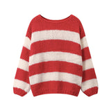 Wjczt   Y2k Crochet Knit Stripe Jumper Women White and Blue Sweater Loose O Neck Long Sleeve Pullover Tops 2024 Autumn Winter Streetwear Tops