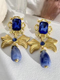 Wjczt 2024 New Bow Knot Rhinestone Handmade Blue Glass Earrings