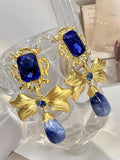 Wjczt 2024 New Bow Knot Rhinestone Handmade Blue Glass Earrings