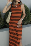 Wjczt Slit Striped Round Neck Sleeveless Midi Dress