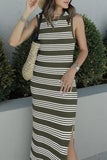 Wjczt Slit Striped Round Neck Sleeveless Midi Dress