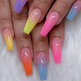 Wjczt - 24 pcs Rainbow Gradient Coffin Long Press On Nails - Glossy Acrylic Ballerina False Nails for Women and Girls