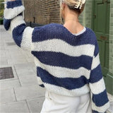 Wjczt   Y2k Crochet Knit Stripe Jumper Women White and Blue Sweater Loose O Neck Long Sleeve Pullover Tops 2024 Autumn Winter Streetwear Tops