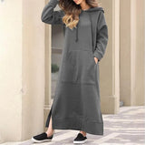 Wjczt Hoodies Dress for Women Fashion Hem Lace-up Midi Robe Hooded Long Vestidos Winter Warm Casual Loose Sweatshirt Dress