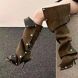 Wjczt Women's Pointed Pleated Denim Boots Metal Decorative High Heel Brown Knee Length Sexy Luxury Banquet Zipper Boots Autumn Catwalk