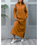 Wjczt Hoodies Dress for Women Fashion Hem Lace-up Midi Robe Hooded Long Vestidos Winter Warm Casual Loose Sweatshirt Dress