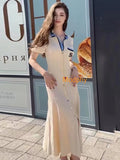 Wjczt 2024 Elegant Slim Knitted Long Dress Women's Letter Single Breasted Long Sleeved Designer Vintage Dresses Autumn