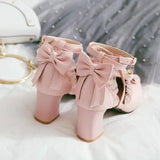 Wjczt Japanese Sweet Lolita Sandals Summer Princess Sweet Lolita Shoes Cute Student Daily Bowknot Leather Shoes Round Head Thick Heel