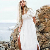 Wjczt Boho Inspired shirred bust summer dress puff sleeve frilled elegant ladies dress cotton woman dress new boho dress for women