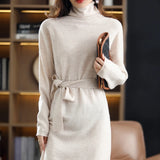 Wjczt  The new pullover 100% wool ladies dress solid color long-sleeved knitted fashion slim long high-neck cashmere dress sweater