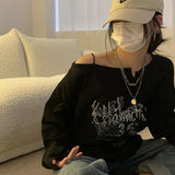 Wjczt Y2K T-shirt Fairy Grunge 2024 Vintage Letter Print Tops Black Autumn Off Shoulder Long Sleeved Korean Tees Loose Harajuku Shirt