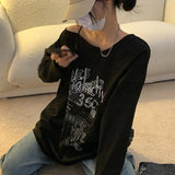 Wjczt Y2K T-shirt Fairy Grunge 2024 Vintage Letter Print Tops Black Autumn Off Shoulder Long Sleeved Korean Tees Loose Harajuku Shirt