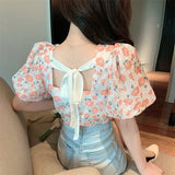 Wjczt French Square Collar Floral Chic Blouses Women 2021 Summer Korean Party Backless Design Puff Sleeve Tops Bandage Vintage Clothes