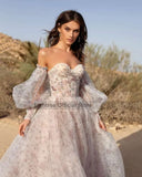 Wjczt Dusty Pink Wedding Dresses Puff Long Sleeve Bride Dress 2024 Sweetheart Plus Size Vintage Floral Print Wedding Gowns