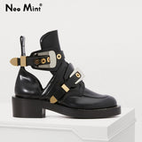 Wjczt Luxury Brand Designer Silver Gold Buckle Strap Women Boots Double Buckle Ankle Boots for Women Street Style Cut out Punk Shoes