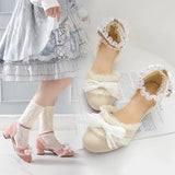 Wjczt Lolita tea party shoes spring and summer lace sandals female thick with fairy style student shoes  bow round head thick shoes