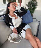 Wjczt Hight Quality Autumn New Black White Patchwork Full Sleeves Button Crop Top Bodycon Mini Bandage Dress Elegant Femal Club Party