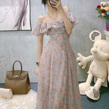 Wjczt Vintage Chiffon Midi Dress Women Floral Print Design Korean Party Split Dress Female Summer Evening Beach Boho Dress 2024 Casual