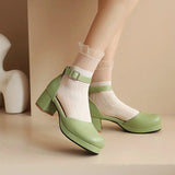 Wjczt  2025 Summer Sweet Girls Lolita Shoes Closed Toe Green Pink Mary Janes Lady Pumps Chunky Middle Heels Womens Sandals