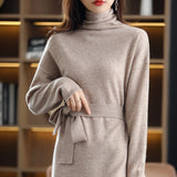 Wjczt  The new pullover 100% wool ladies dress solid color long-sleeved knitted fashion slim long high-neck cashmere dress sweater