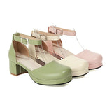 Wjczt  2025 Summer Sweet Girls Lolita Shoes Closed Toe Green Pink Mary Janes Lady Pumps Chunky Middle Heels Womens Sandals