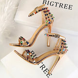 Wjczt Shoes Color Rivets Women Sandals Roman Style Heeled Sandals Hollow Out High Heels Stiletto Sexy Party Shoes Sandals