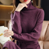 Wjczt  The new pullover 100% wool ladies dress solid color long-sleeved knitted fashion slim long high-neck cashmere dress sweater