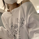 Wjczt Y2K T-shirt Fairy Grunge 2024 Vintage Letter Print Tops Black Autumn Off Shoulder Long Sleeved Korean Tees Loose Harajuku Shirt