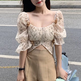 Wjczt Puff Sleeve Floral Chiffon Blouses Women Summer Short Korean Design Fairy Shirts Tops Casual Chic Evening Party Y2k Clothes 2024