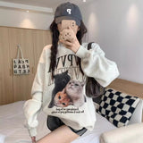 90s streetwear Cat Print Fleece-lined round Neck Sweater for Women Autumn New Loose Lazy Style White Gray Student Blouse