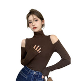 t shirt Women's Korean-Style Half Turtleneck Bottoming Shirt Autumn and Winter New Design off-Shoulder Inner Long Sleeve T-shirt