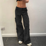 grunge outfits Hot Girl Fried Street Straight Casual Pants American Street Retro Style Irregular Large Pocket Wide Belt Design Jeans