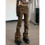 teacher outfits American Street Vibe Brown Workwear Jeans Women's Autumn and Winter New Retro Design Belt Straight Casual Pants