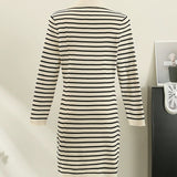 trending fall outfits 2024 Polo Collar Pullover Striped Long Sleeve Knitted Dress Women's Spring and Autumn Waist Slimming Midi Dress Women