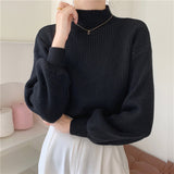 fall fashion Japan and South Korea ~ 2024 New Bottoming Half Turtleneck Solid Color Lantern Sleeve Korean Style Knitted Sweater Top for Women