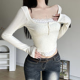 picture day outfit Fake Two-Piece Floral Lace Long-Sleeved T-shirt Female Niche Hot Girl Slim Pullover Square Collar Bottoming Shirt Short Top Autumn