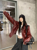 2024 fall fashion trends 2024 New American Retro Red Lapel Leather Coat Women's Early Autumn New Sweet Cool Girl Loose Jacket Top