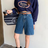 masc outfits Denim Blue Denim Shorts Women's Summer Fashionable Letter Embroidered High Waist Loose Slimming Straight Wide Leg Pants